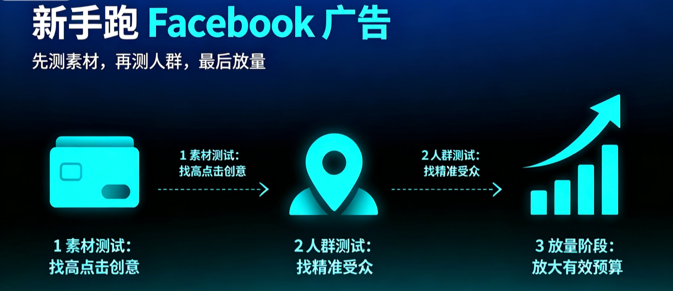 新手跑Facebook 广告：为什么要先测素材，再测人群最后放量